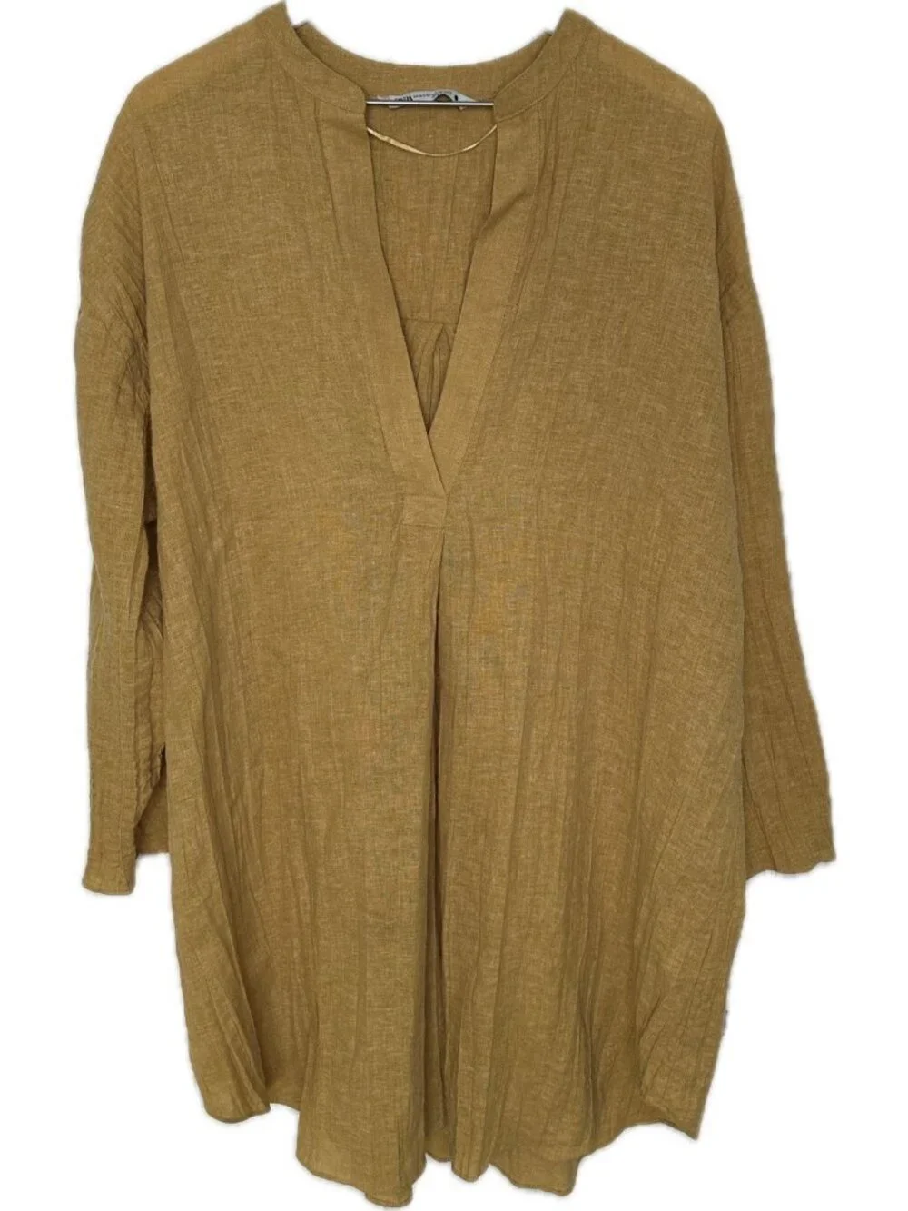 ZARA PLEATED LINEN BLEND TUNIC DRESS ZW COLLECTION Boho Mustard Yellow XS